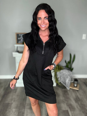 Texture Half Zip Cap Sleeve Mini Dress